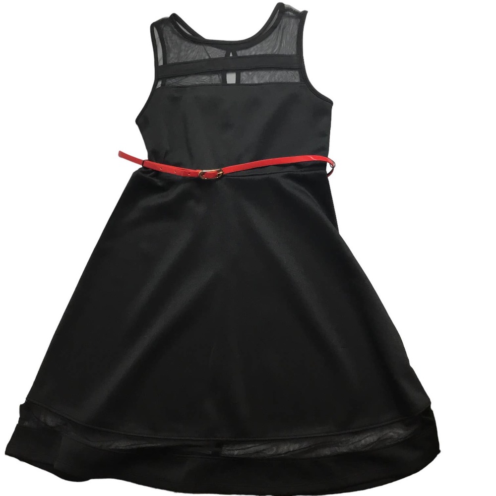 Crystal Doll Black Dress Sheer Stretchy Sleeveless Midi Belted Girls Size 14 NWT